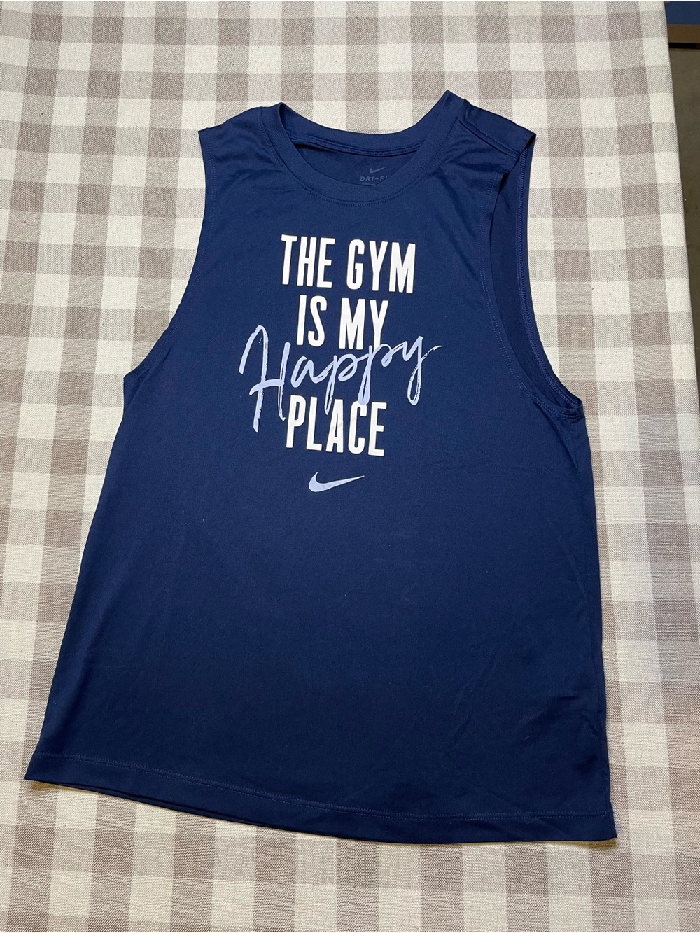 Nike Women's Navy Blue Sleeveless Workout Tank with White Slogan